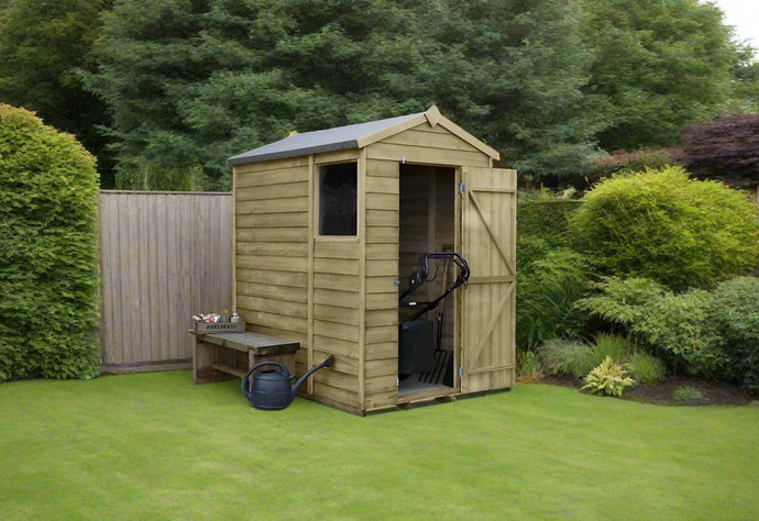 6x4 wooden garden shed with an apex roof, single door, and one window. Ideal for compact garden storage. Brunswick Turf delivery North East